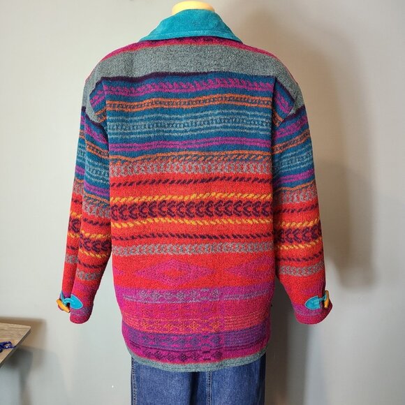Vintage 90s Kathryn Deene Aztec Blanket Coat Wool Leather Size 14/16 Western - Picture 5 of 13